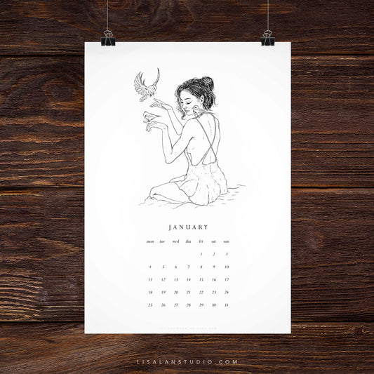 Downloadable Digital Printable 2021 Monthly Wall Calendar with original ink drawings by Lisa Lan